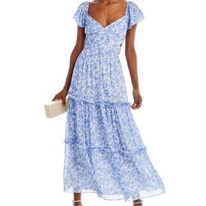 AQUA Flutter Sleeve Tiered Maxi Dress in Blue Metallic Size XL NEW